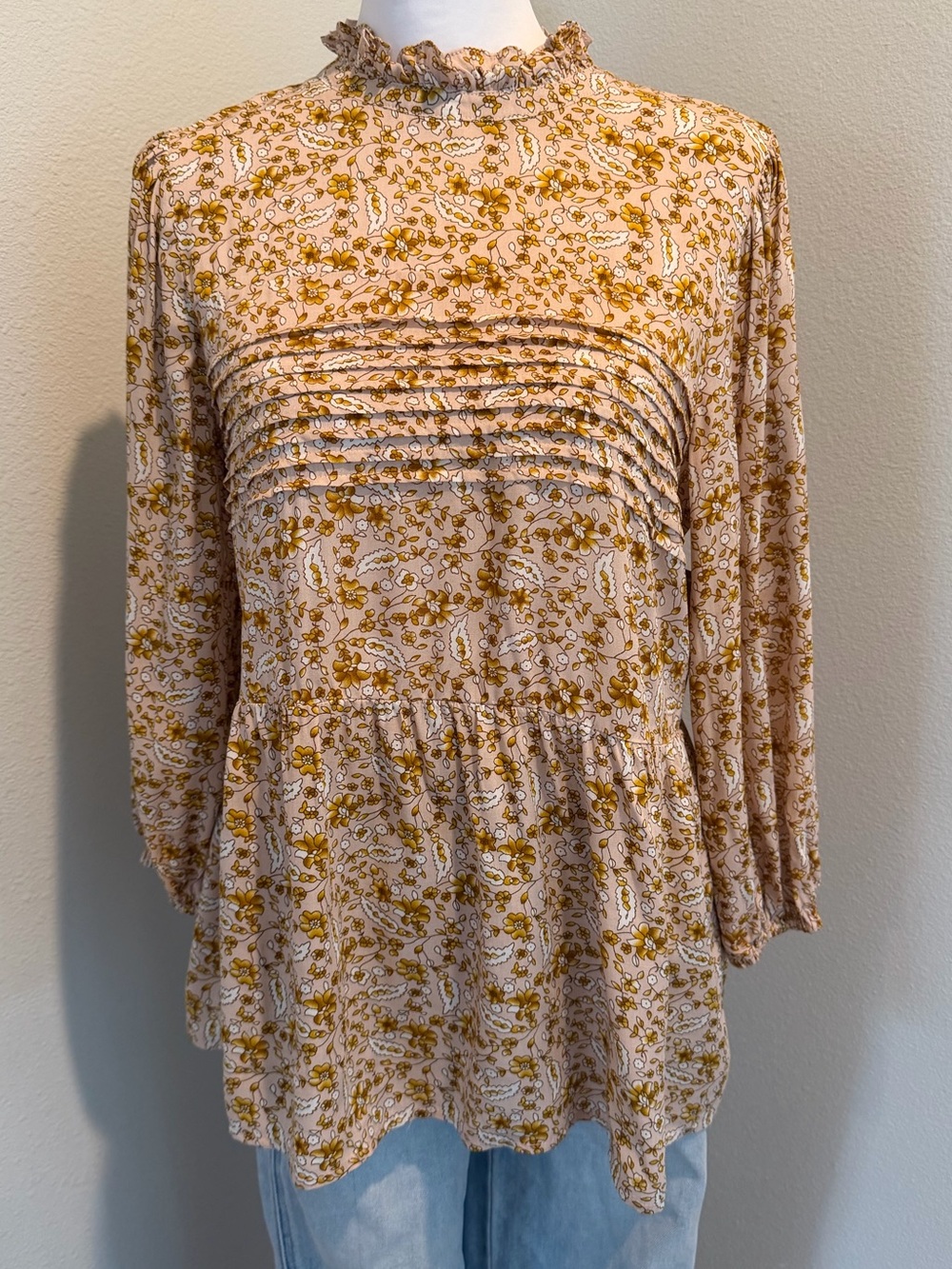 Polagram Cream and Mustard Floral Pintuck High-Neck Tunic